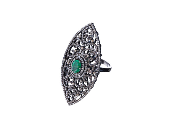 Emerald with Diamonds on 925 Silver with Rhodium